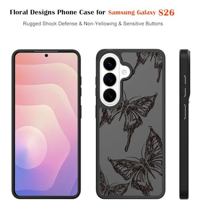 for Samsung Galaxy S26 5G Case: Cute Flowers Floral Design for Girls Women Translucent Matte Slim Soft TPU Bumper Shockproof Silicone Cell Phone Cover (Black Butterfly) - color: Butterfly