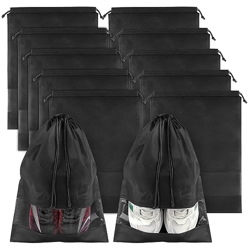 Black Travel Shoe Bags - 10 Pcs Non-Woven Packing Bags with Clear Window | 15.7" x 11.8" Waterproof Dustproof Portable Travel Shoe Storage Bag for Men and Women - color: Black, style: 10 Pack