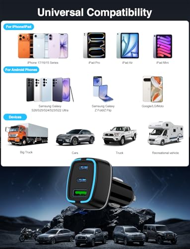 75W USB C Car Charger, 3-Port Super Fast Charging Cigarette Lighte - color: Black