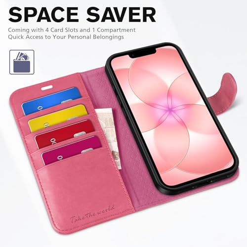 TUCCH Wallet Case for iPhone 17e & iPhone 16e (6.1"), Flip Stand, Hot Pink | RFID Blocking, 4 Card Holders, Kickstand, PU Leather, Shockproof TPU Shell, Magnetic Closure, Protective Folio Cover - color: Hot Pink