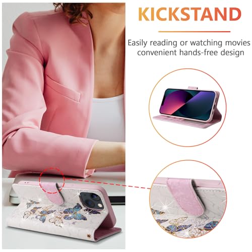 UEEBAI Wallet Case for iPhone 13, PU Leather Phone Cover Kickstand RFID Blocking Flip Case Card Slots Wrist Strap Relief Engraved Pattern Magnetic Closure Flower Folio Wallet, Blue Butterfly - color: Blue Butterfly, size: iPhone 13