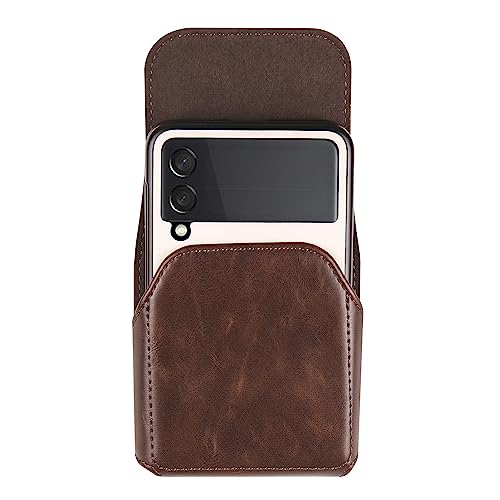 Leather Mobile Phone Holster Compatible with Samsung Galaxy Z Flip 8/7/6/5/4/3, Flip Smartphone Waist Bag with Belt Loop Compatible with Motorola RAZR 70 60 50 40 Ultra/RAZR+/Pura X/P50 Pocket - color: Coffee