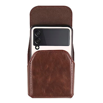 Leather Mobile Phone Holster Compatible with Samsung Galaxy Z Flip 8/7/6/5/4/3, Flip Smartphone Waist Bag with Belt Loop Compatible with Motorola RAZR 70 60 50 40 Ultra/RAZR+/Pura X/P50 Pocket - color: Coffee