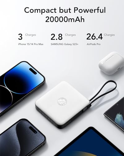 20000mAh Portable Charger Built-in Cables, 22.5W Fast Charging Power Bank - color: White