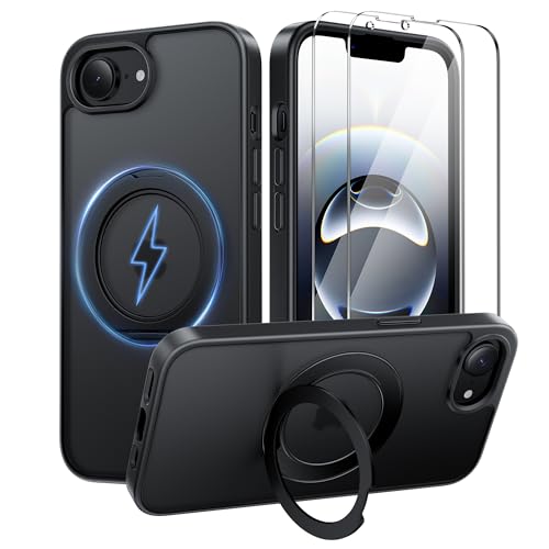 360°Ring Stand for iPhone 16E/17E Case with 2X Screen Protector,Fit for MagSafe, Anti-Yellowing & Scratch-Resistant Back Phone Case for iPhone 16E/17E 6.1", Black - color: Black, size: iPhone 16E/17E
