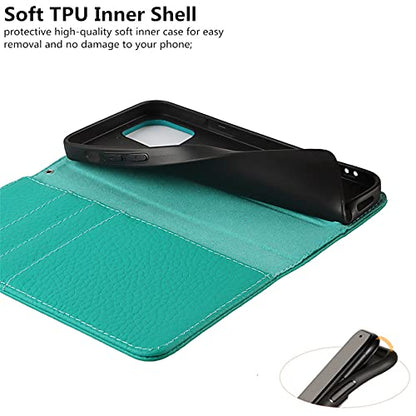 iCoverCase Compatible with iPhone 13 Pro Wallet Case with Credit Card Holder and Wrist Strap, RFID Blocking Genuine Leather Flip Magnetic Phone Cover 6.1 Inch (Blue-Green) - color: 1-Blue-Green (No Headphone Storage Belt), size: iPhone 13 Pro