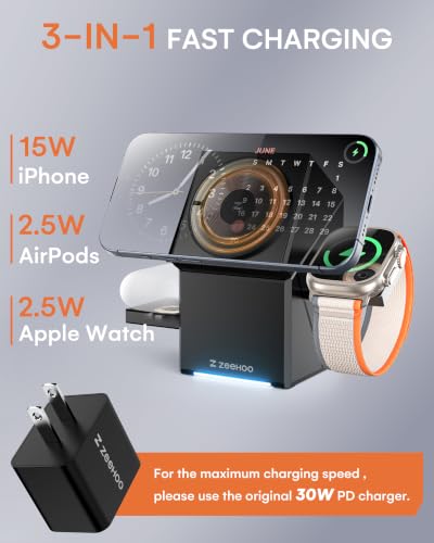 ZEEHOO 3 in 1 Charging Station, iPhone Charging Station for Apple MagSafe Charger, 15W Fast Wireless Charger, for Apple Watch, for iPhone 18 Pro/Duo/17/16/15/14/13/12 Series, AirPods (Black) - color: Black