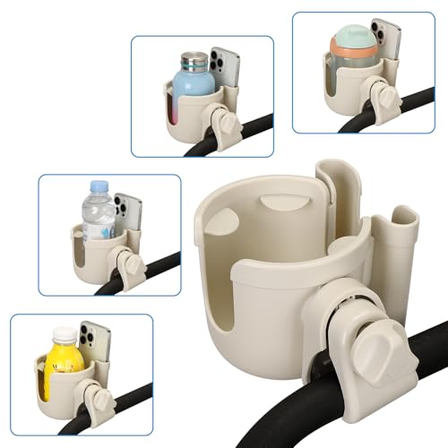 Accmor Stroller Cup Holder with Phone Holder, Bike Cup Holder, Universal Cup Holder for Uppababy Nuna Strollers, 2-in-1 Drinks Holder for Walker, Wheelchair, Scooter - color: All Off White
