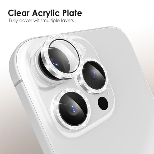 TENOC Camera Lens Protector for iPhone 14 Pro & 14 Pro Max, Silver Glitter - size: iPhone 15 Pro/15 Pro Max