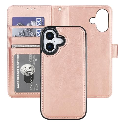 Bocasal Detachable Wallet Case Card Holder for iPhone 17, Rose Gold | RFID Blocking Kickstand Card Slots Holder PU Leather Magnetic Shockproof Wrist Strap Removable Flip Protective Cover 6.3 inch - color: Rose Gold
