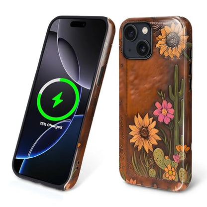 Magnetic Case for iPhone 15, Compatible with Magsafe,PC Hard Shell Silicone Inner Bumper Anti-Scratch Full-Body Cover Shockproof Slim Design Retro Cactus Sunflower - color: Retro Cactus Sunflower, size: iPhone 15