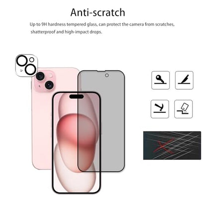 Privacy Screen Protector Designed For iPhone 15 Anti Spy Private Tempered Glass Film 2-Pack Camera Lens Protector Film 2-Pack With Easy Alignment Tool