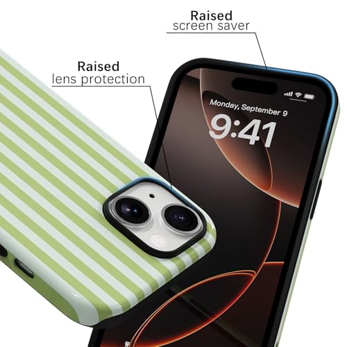 Skyseaco Compatible with iPhone 15 Case with MagSafe, Cute Striped Phone Case for Women Girls, Soft TPU + Hard PC Dual Layer Shockproof Glossy Protective Cover, Sage Green - color: Sage Green, size: iPhone 15