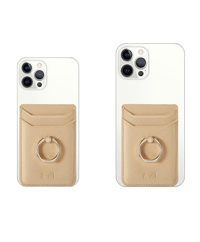 Card Holder Sleeve with Ring, RFID Credit Wallet PU Leather Stick On Back Grip for iPhone Samsung Smartphone - Gold - color: Gold