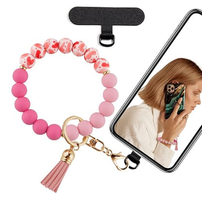 Silicone Beaded Phone Wrist Strap for Women, BPA-Free Silicone - color: Pink Heart
