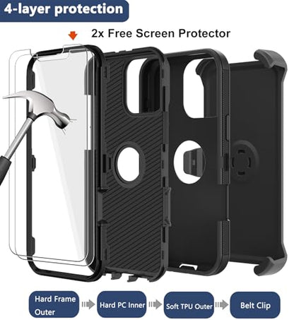 for iPhone 16 Pro Max Phone Case,Military Grade Drop Protection Cell Phone Cover with Belt Clip Holster Stand,Screen Protector x2 Rugged Kickstand for iPhone 16 Pro Max Case 6.9” (Black) - color: Black