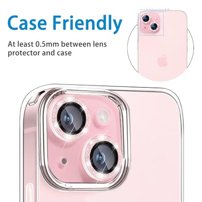 Compatible with iPhone 15 & 15 Plus Camera Lens Protector, Bling Glitter 9H Tempered Glass Camera Cover Anti Scratch Shockproof Screen Protector Individual Metal Lens Ring - 2PCS Glitter Pink - color: Pink Glitter