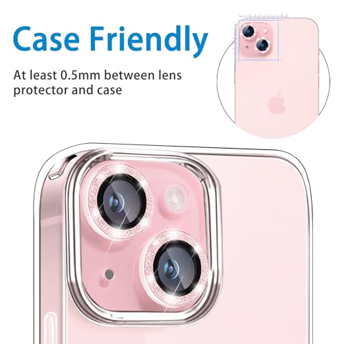 Compatible with iPhone 15 & 15 Plus Camera Lens Protector, Bling Glitter 9H Tempered Glass Camera Cover Anti Scratch Shockproof Screen Protector Individual Metal Lens Ring - 2PCS Glitter Pink - color: Pink Glitter