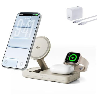 THREEKEY 3 in 1 Qi2 Wireless Charging Station, 25W Magnetic Charger with MFi-Certified Apple Watch Module for iPhone 17/16/15/14/13/12, AirPods, Pixel 10 Pro XL, 45W Adapter - color: Sand