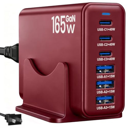 165W Charging Station, 6 Port Desktop Charger, 3 Ports 40W Red - color: Wine Red