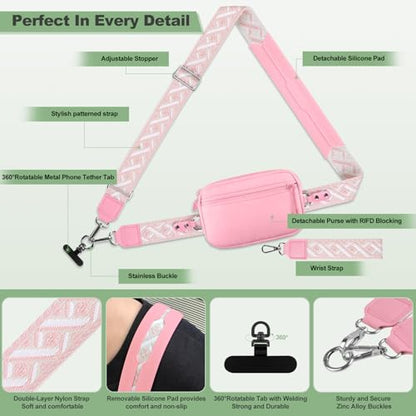 YFWE Clip and Go Strap for Phone with Wallet Crossbody, Adjustable Phone Lanyard with Detachable RFID Wristlet Wallet, Pattern Strap, Pink(M) - color: Pink-pattern Strap, size: Medium