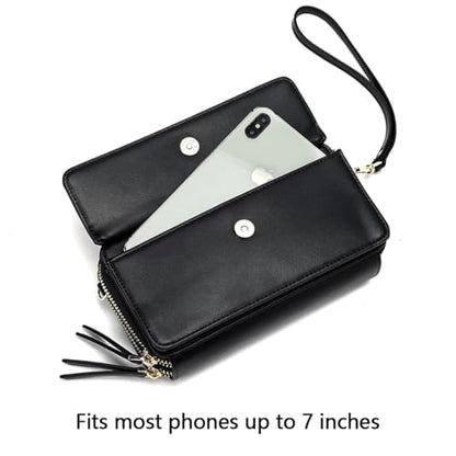 RFID Crossbody Wallet Wristlet Purse with Phone Pocket For Women Vegan Leather - color: Black