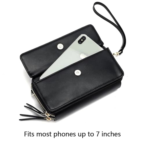 RFID Crossbody Wallet Wristlet Purse with Phone Pocket For Women Vegan Leather - color: Black