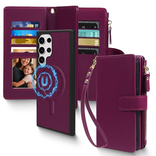Magnetic Case for Samsung Galaxy S25 Ultra Wallet Compatible with Magsafe RFID Blocking Card Holder Detachable Phone Cover Kickstand Snap Strap Zipper Pocket PU Leather (Burgundy) - color: Burgundy, size: Galaxy S25 Ultra