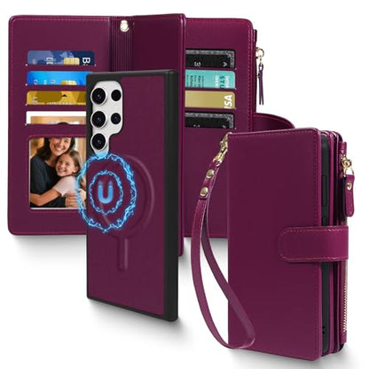 Magnetic Case for Samsung Galaxy S25 Ultra Wallet Compatible with Magsafe RFID Blocking Card Holder Detachable Phone Cover Kickstand Snap Strap Zipper Pocket PU Leather (Burgundy) - color: Burgundy, size: Galaxy S25 Ultra