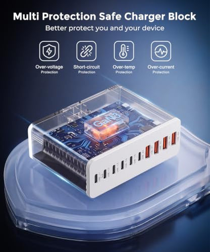 USB C Charging Station 10 Port with 4 Cables,245W GaN Charger Block - color: White