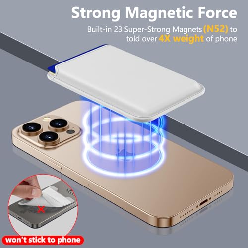 Upgraded MagSafe Wallet, Magnetic Phone Wallet 3 Cards Holder, 23 Magnets, Credit Card RFID Blocking, Slim Leather, Magnetic Wallets for iPhone 17/16/15/14/13/12 Series-White - color: White