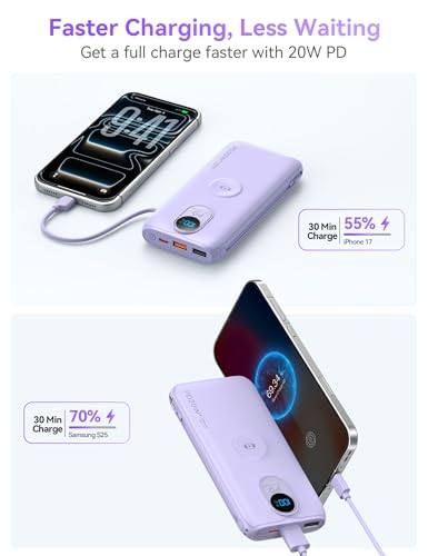 Portable Charger Power Bank 10000mAh PD20W w/Built-in Cables & AC Plug - color: Purple