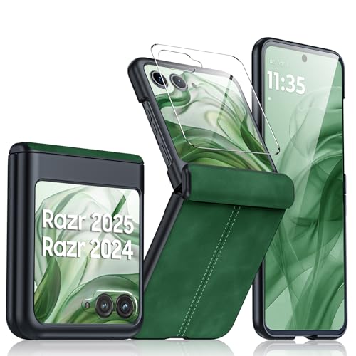 for Motorola Razr 2026 Case, Razr 2025/2024 Case, Built-in Screen Protector & Hinge Protection & Ultra Thin PU Leather Matte PC Shockproof Phone Case for Moto Razr 2026/2025/2024 (Green) - color: Green, size: Razr 2025/2024