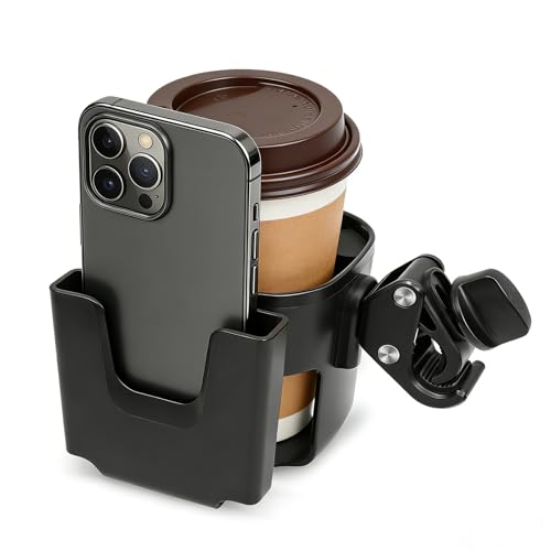 Large Size 2-in-1 Stroller Cup and Phone Holder, Adjustable Clip-On, Black
