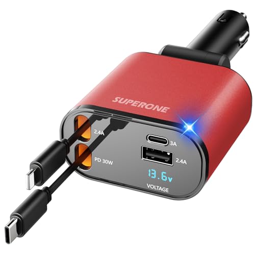 [Upgraded] SUPERONE Retractable Car Charger 4 in 1 Fast Car Phone Charger - color: Red