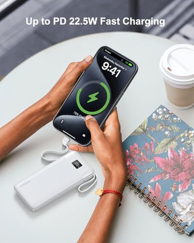 Portable Charger 10000mAh Power Bank w/Built-in 3 Cables & AC Wall Plug - color: Matte White