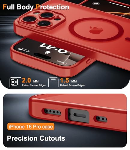 Magnetic Case for iPhone 16 Pro Case with Screen Protector+Wrist Strap | Compatible with MagSafe,Full Camera Protection,Slim Translucent Matte Phone Cover,Red - color: Red