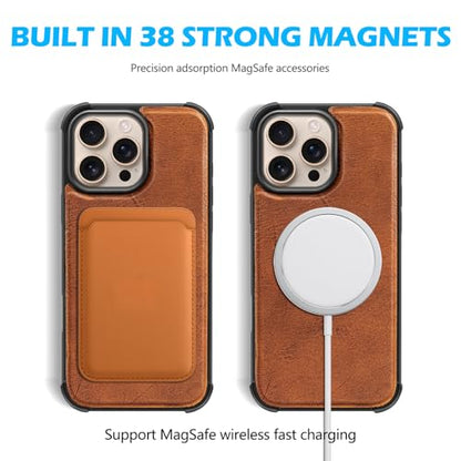 Genuine Leather Wallet Case for iPhone 16 Pro Max, Yellow Brown | 2-in-1 Magnetic Detachable, Shockproof, Flip Folio with Card Slot, RFID Blocking - color: Yellow Brown, size: 16 Pro Max 6.9‘’