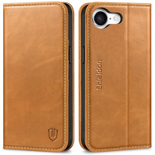 SHIELDON Genuine Leather Case Wallet for iPhone 17e/16e, Retro Light Brown | Flip Magnetic Cover, RFID Blocking, Credit Card Holder, Kickstand, Book Design, Shock-Absorbent Phone Cover - color: Retro Light Brown