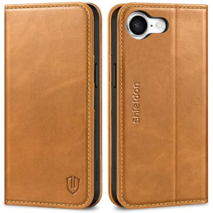 SHIELDON Genuine Leather Case Wallet for iPhone 17e/16e, Retro Light Brown | Flip Magnetic Cover, RFID Blocking, Credit Card Holder, Kickstand, Book Design, Shock-Absorbent Phone Cover - color: Retro Light Brown