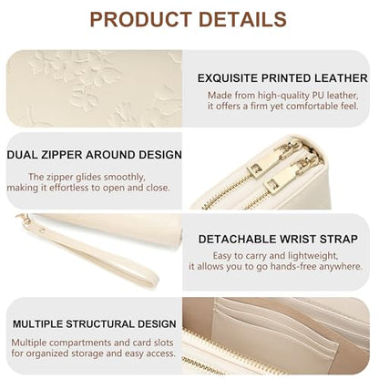 yiijay Womens Wallet RFID Blocking Large Capacity Vegan Leather Double Zip Wristlet Wallet Card Holder Travel Ladies Clutch - color: Beige