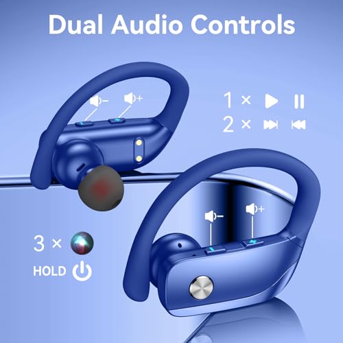 bmani Ear Buds Wireless Earbuds Bluetooth Headphones with 80H Playtime LED Display Case, Over-Ear Hook with Mic, Stereo Sound, Easy Button Controls, Sports Earphones for Running Workout Gym Blue - color: Blue, style: AI Buds Pro