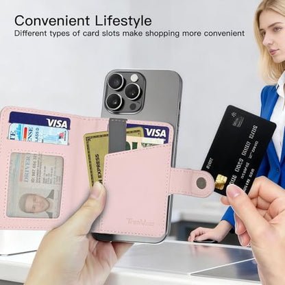 for MagSafe Card Holder for iPhone 17/16/15/14/13/ Pro/Max/Plus with Strap Stand RFID Blocking ID Window Hold 5 Cards,Leather Magnetic Phone Wallet for MagSafe Phones and Cases,Leather Pink - color: Pink