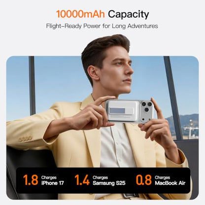 Magnetic Portable Charger 10000mAh, 22.5W Power Bank with Built in Cable - color: white