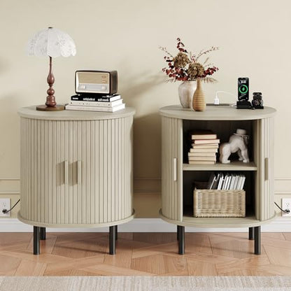 Oval End Table with Charging Station & Door (1, Natural White) - color: Natural White