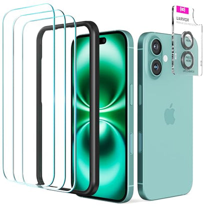 UARMOR Glass 3 Pack Screen Protector & 1 Pack Camera Lens Protector for iPhone 16 Plus (6.7 Inch) 9H Tempered Glass with Easy Installation Kits (Clear) - size: iPhone 16 Plus