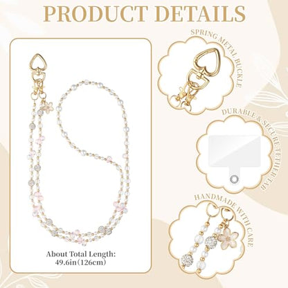 WOZEAH Crystal Cell Phone Lanyard Crossbody Strap for Women, Beaded Phone Strap for Cellphone Case with Tether Tab - color: Pearl Flower