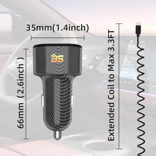 72W Car Charger for iPhone 17 16 15 Pro Max, 3 in 1 Car Charger USB C Fast Charge with Retractable Coiled Cable, Cigarette Lighter Adapter with Voltage Display for Samsung S25 S24 & Google Pixel