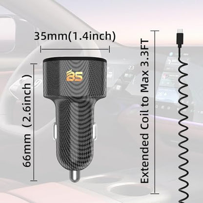 72W Car Charger for iPhone 17 16 15 Pro Max, 3 in 1 Car Charger USB C Fast Charge with Retractable Coiled Cable, Cigarette Lighter Adapter with Voltage Display for Samsung S25 S24 & Google Pixel