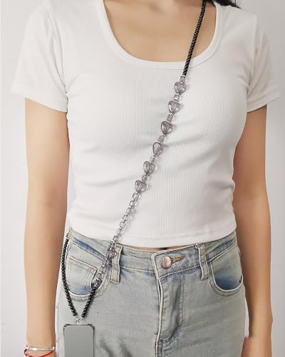 Phone Chain Crossbody Pearl Strap,Pearl Beaded Chain Shoulder Crossbody Lanyard with Phone Tether Patches Compatible with Most Phones Bag Purse - color: L